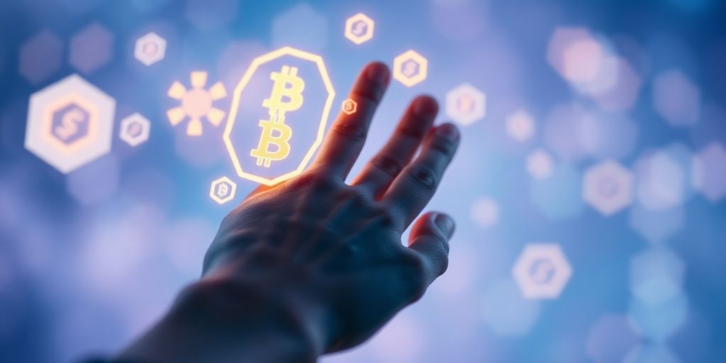 Digital hands interacting with glowing cryptocurrency symbols.