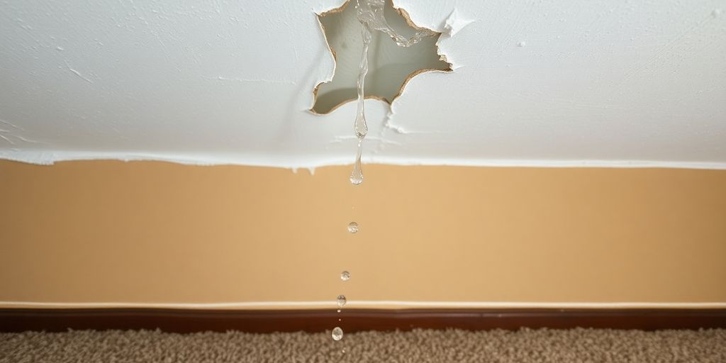 Water-damaged wall and ceiling with visible moisture effects.