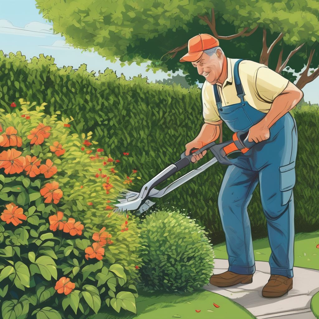gardener trimming hedge in a backyard