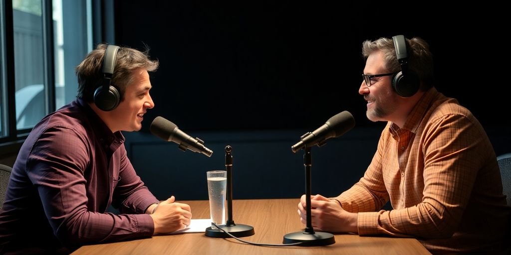 Podcaster interviewing guest with microphones.