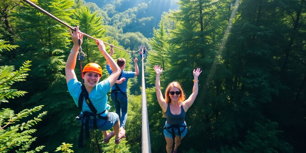 People ziplining through a lush forest canopy.