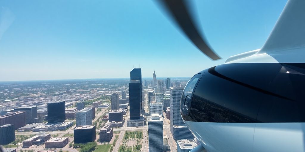 A helicopter flying over the Atlanta skyline at sunset.