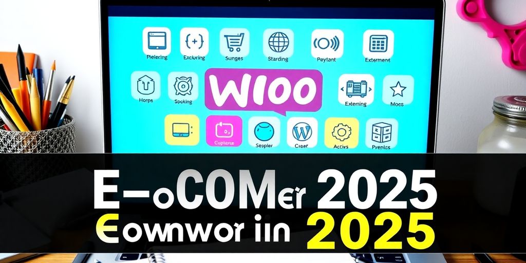 Colorful WooCommerce extension icons on a laptop screen.