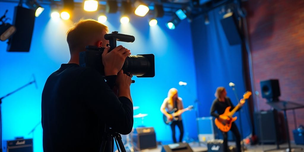 Videographer filming band in NYC studio.
