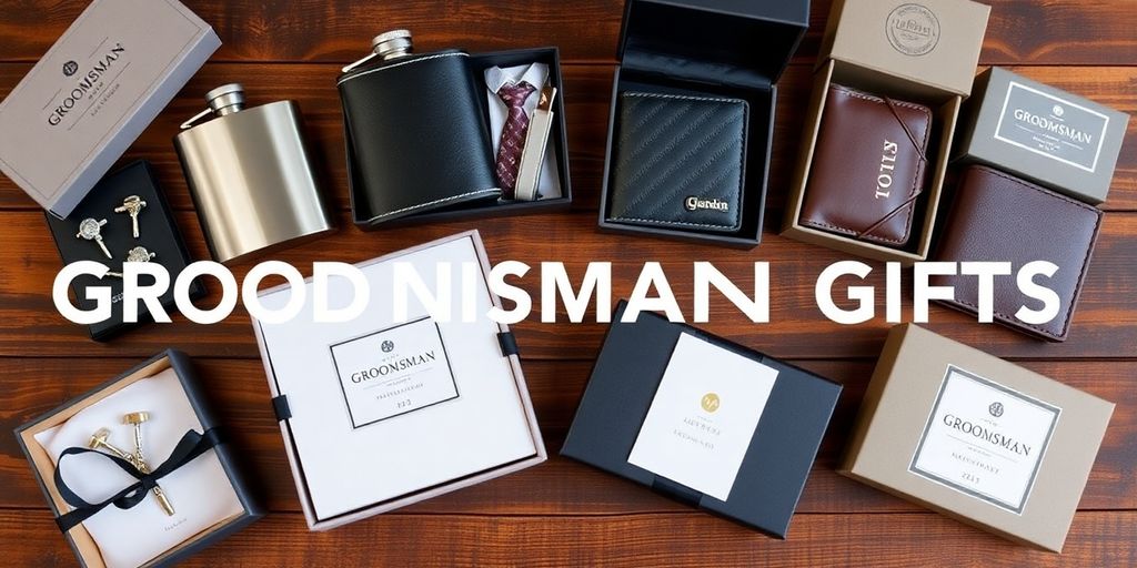Unique groomsman gifts on a rustic wooden table.