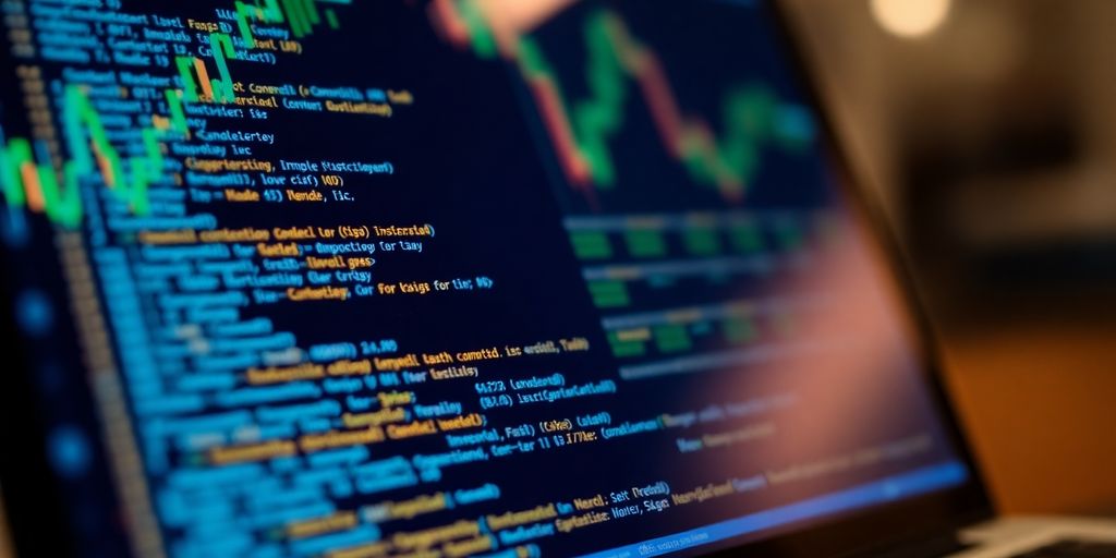 Laptop, code, stock tickers, data points, charts