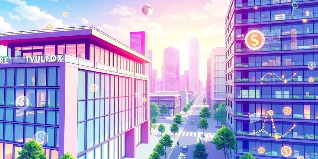 Illustrative image of tokenized real estate in a city.