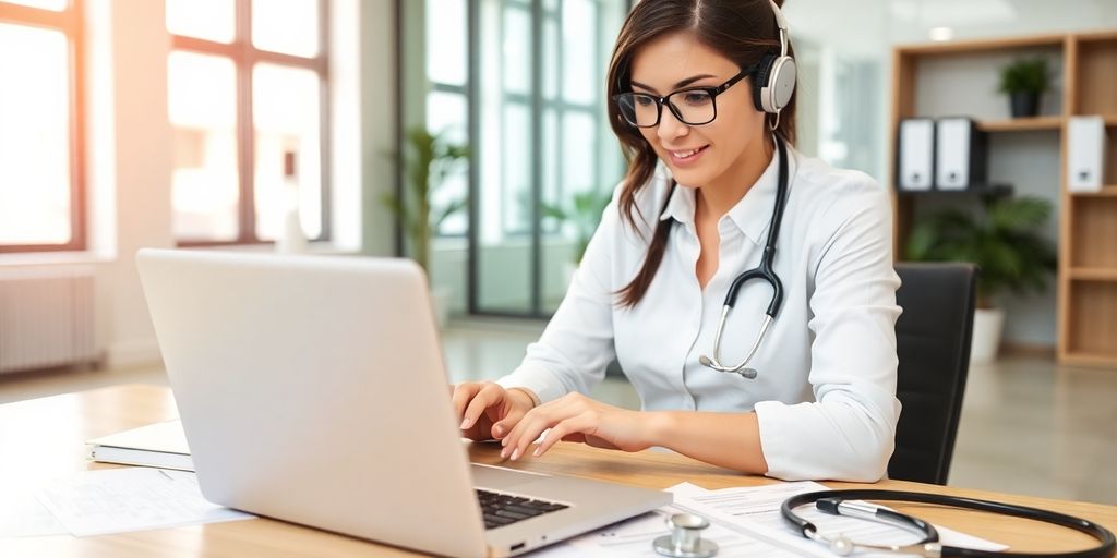 Virtual assistant managing medical billing in a modern office.
