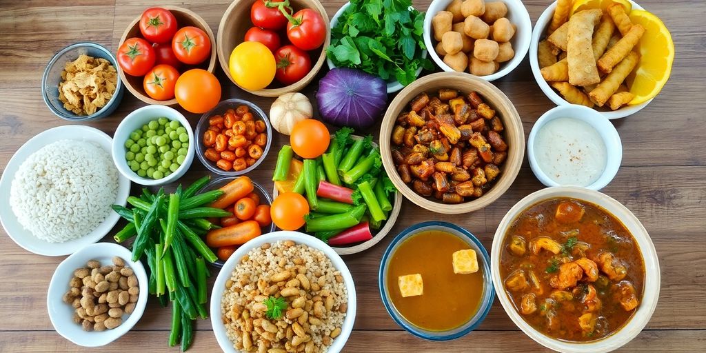 อาหารฮาลาลหลากหลายชนิดบนโต๊ะไม้สวยงาม