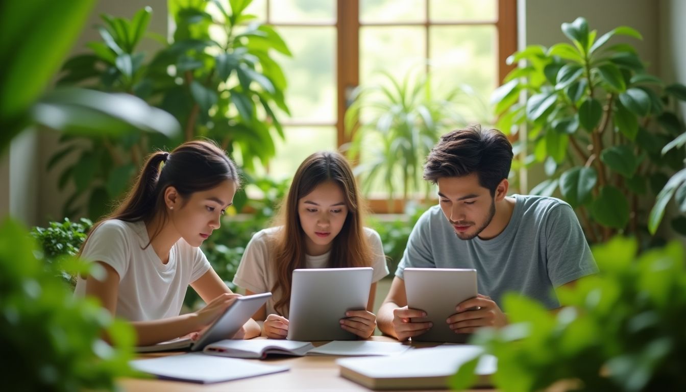 Students studying with tablets in a green environment.