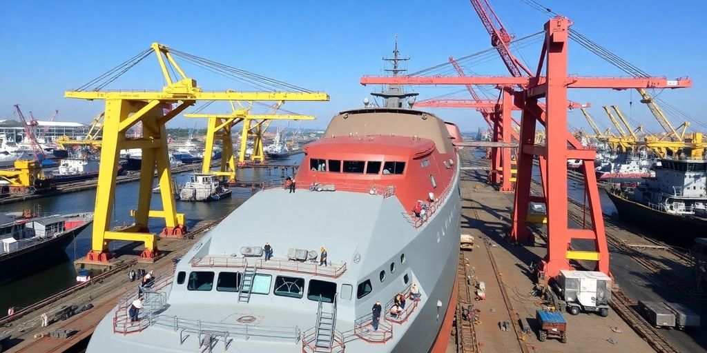 Korean shipyard with workers and cranes in action.