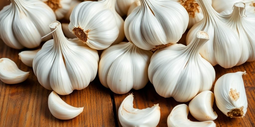 Fresh garlic bulbs and cloves on a wooden surface.
