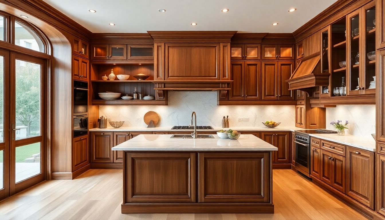 Custom wooden kitchen with elegant cabinetry and island.