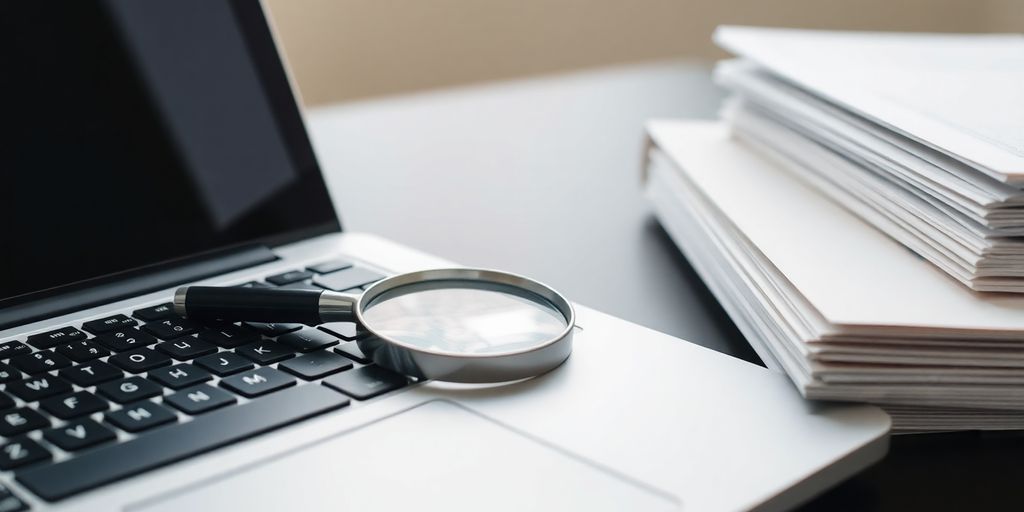 Laptop, magnifying glass, document folder