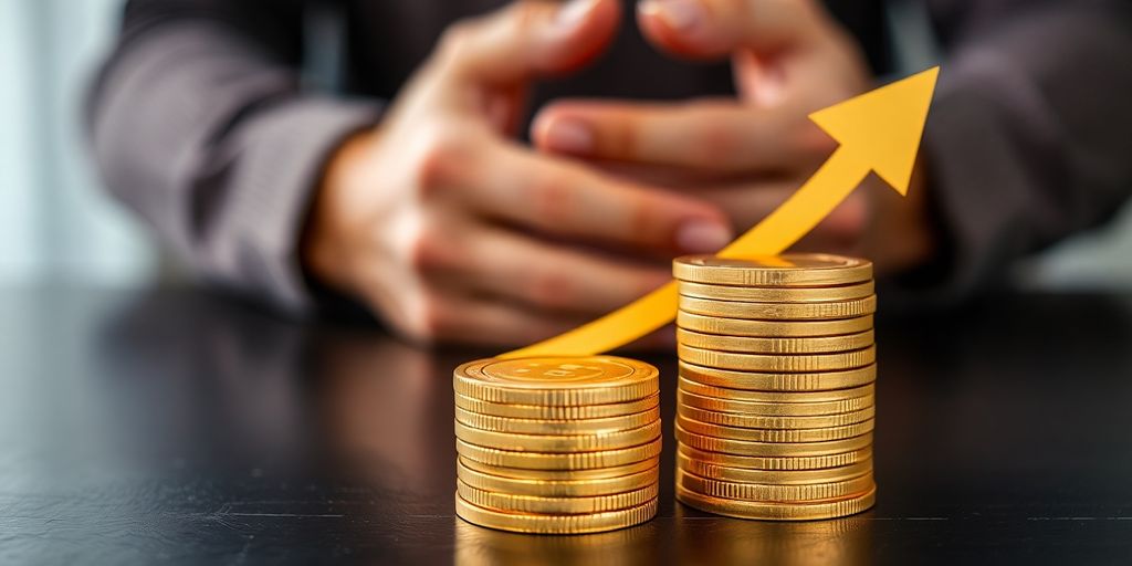 Golden coins, rising arrow, successful investor
