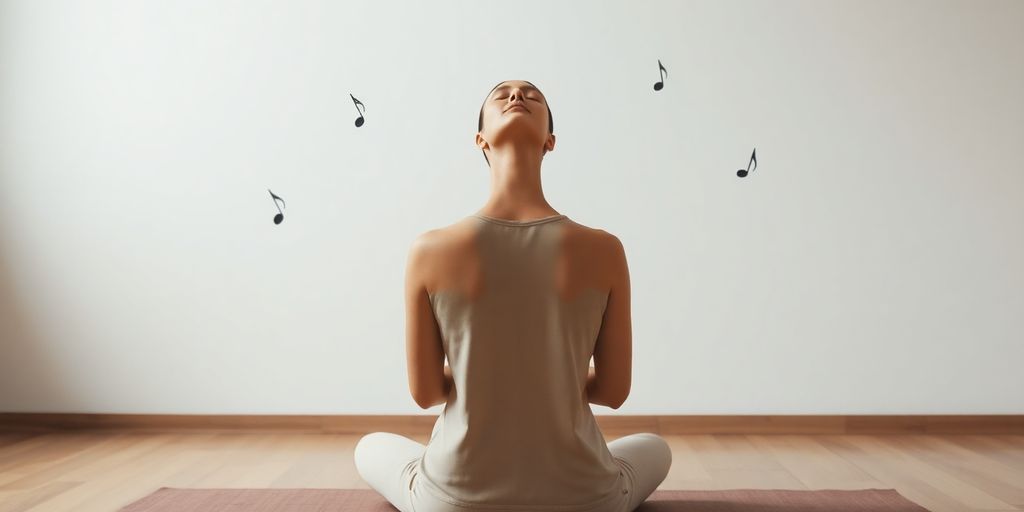 Person meditating with headphones on, soft light.