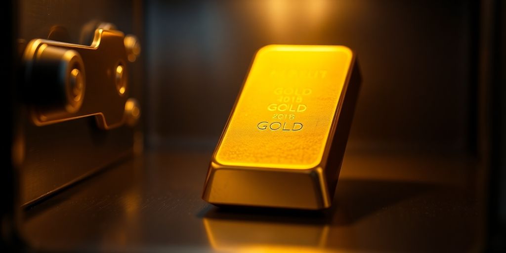 Lingot d'or dans un coffre ouvert.