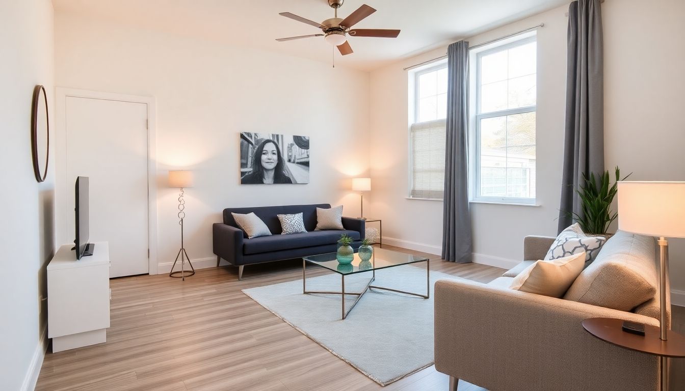 Refurbished rental property with modern furnishings and decor.