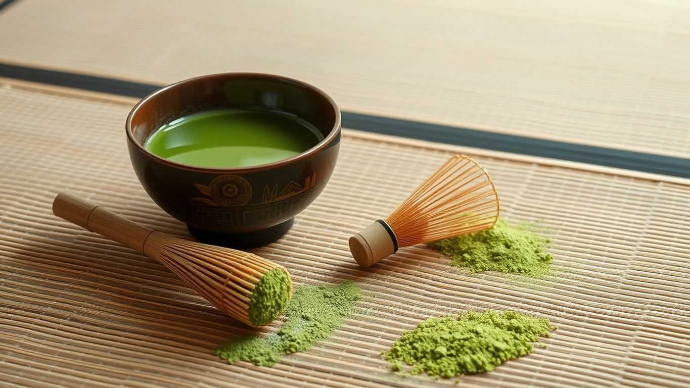 Japanese tea ceremony with matcha bowl and whisk
