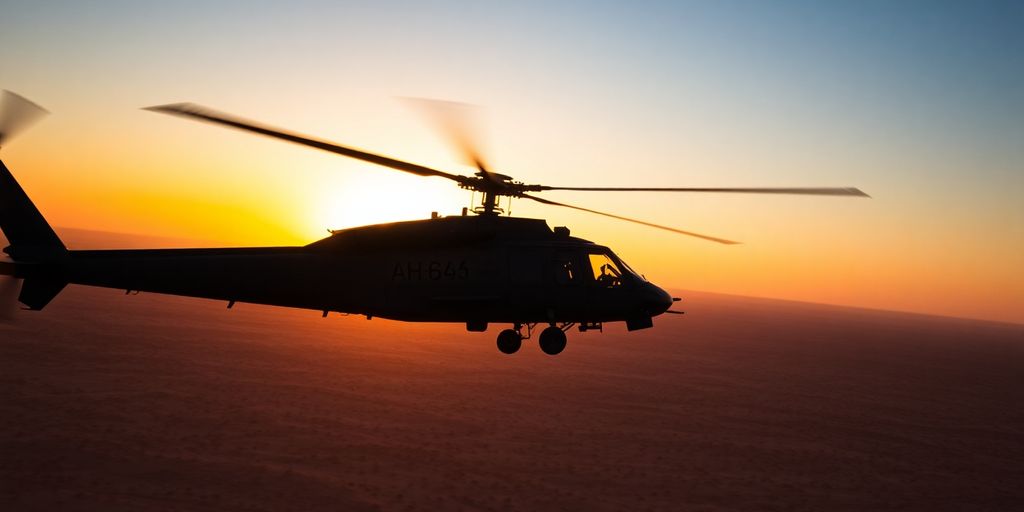 AH-64 Apache helicopter flying at sunset.