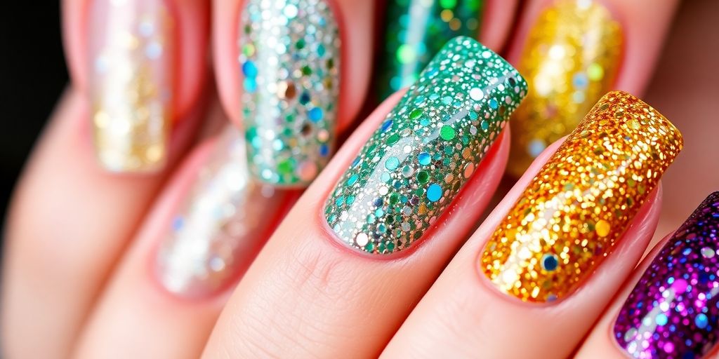 Unhas com glitter brilhantes e coloridas para o Ano Novo.