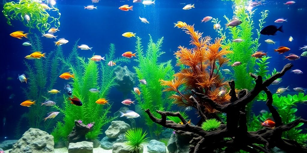 Large aquarium with colorful fish and aquatic plants.