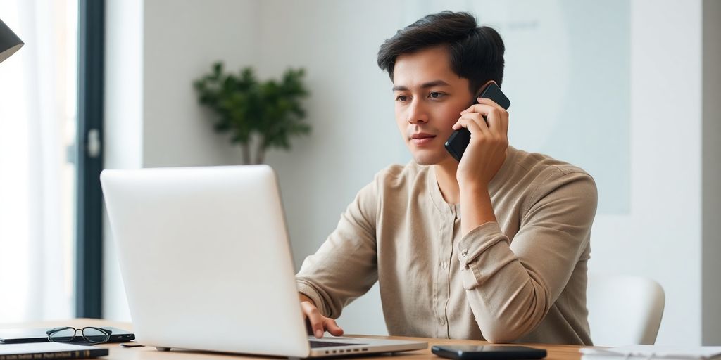 Woman on phone, looking at laptop.