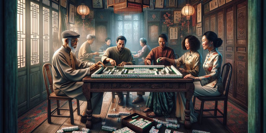 Mahjong tiles arranged on table with players in traditional Asian setting