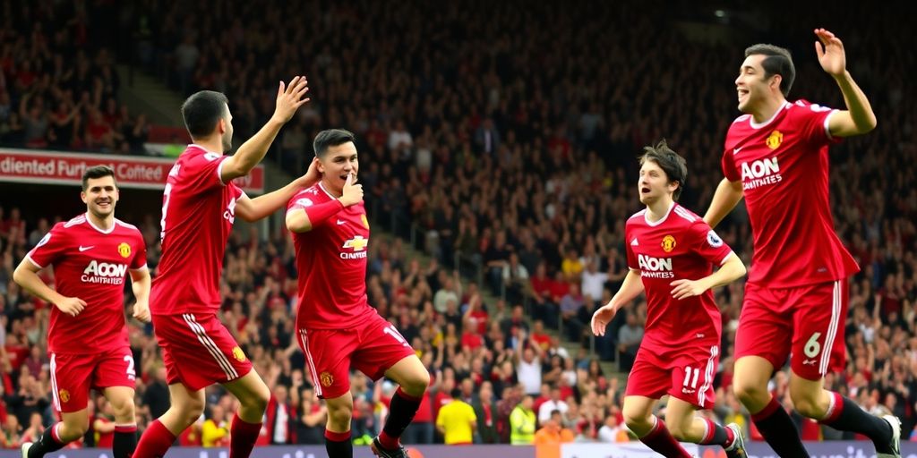 Manchester United players celebrating a goal at Old Trafford.