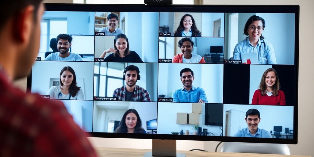 Group of people in a video conference on webcams.