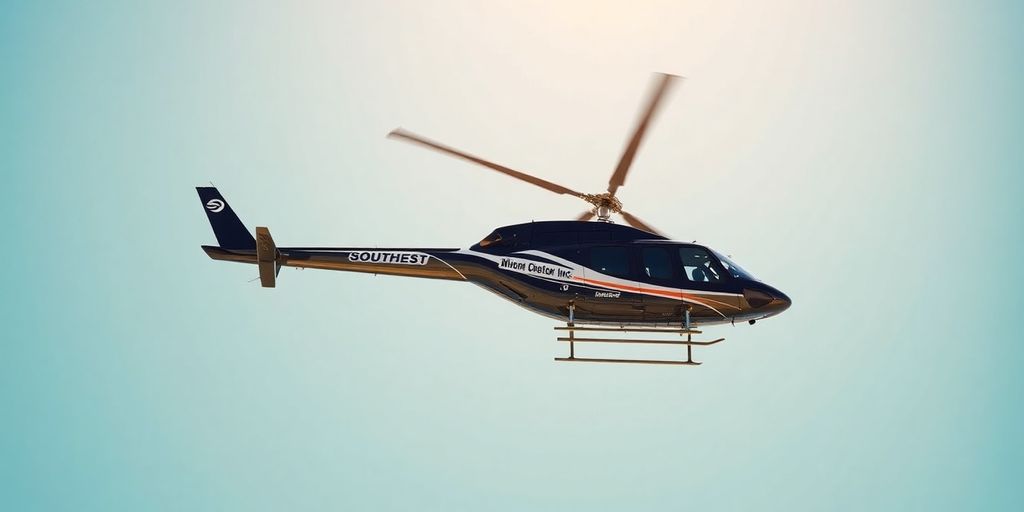 Helicopter flying against a clear blue sky.