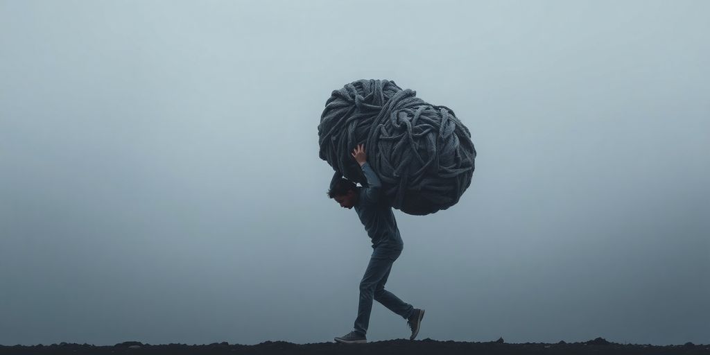 Person carrying a large, abstract weight