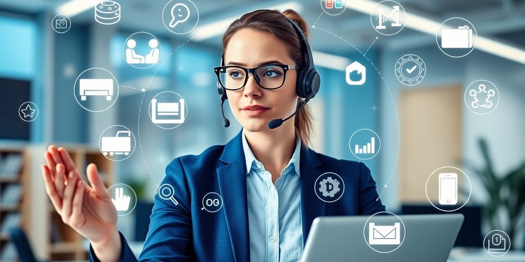 Customer support agent using AI in a modern office.