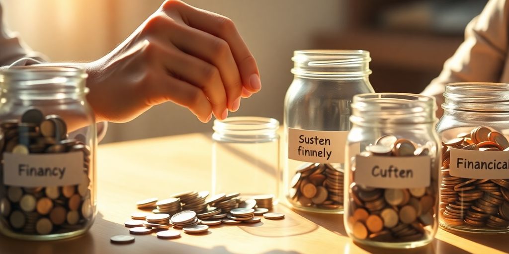 Person allocating coins into distinct jars.