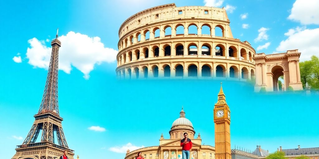 Collage of famous European landmarks and happy travelers.