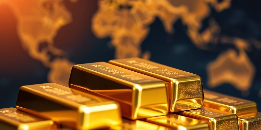 Des barres d'or empilées sur une carte du monde.