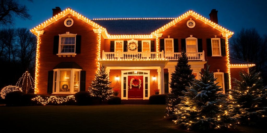 Professionally installed Christmas lights on a large home.