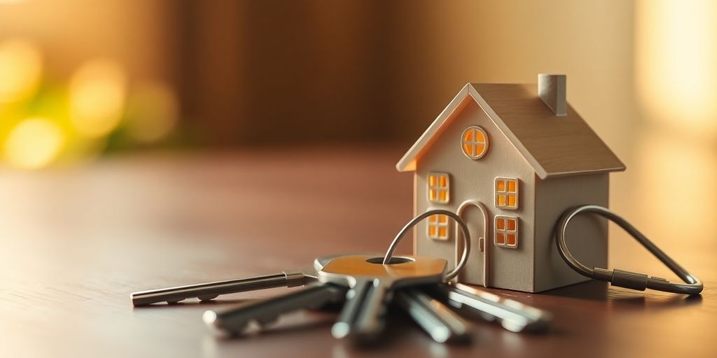 Keys on house-shaped keychain.