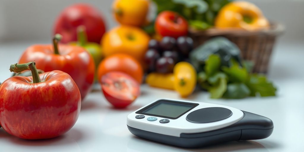 Modern blood sugar monitor with fruits and vegetables.