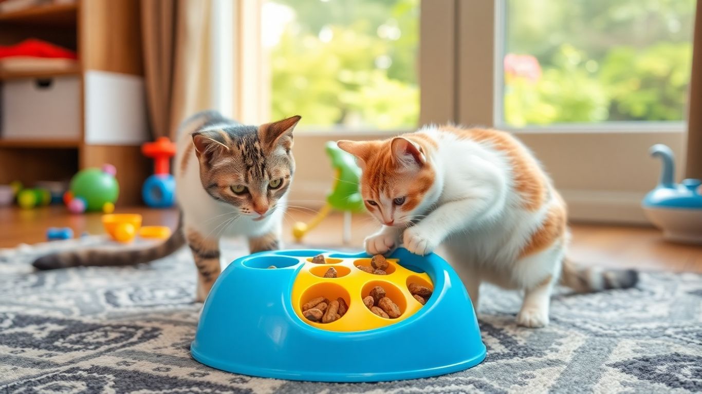Cat playing with colorful puzzle feeder on rug