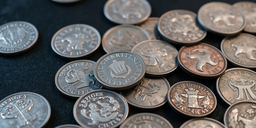 Pièces d'argent anciennes en gros plan sur une surface sombre.