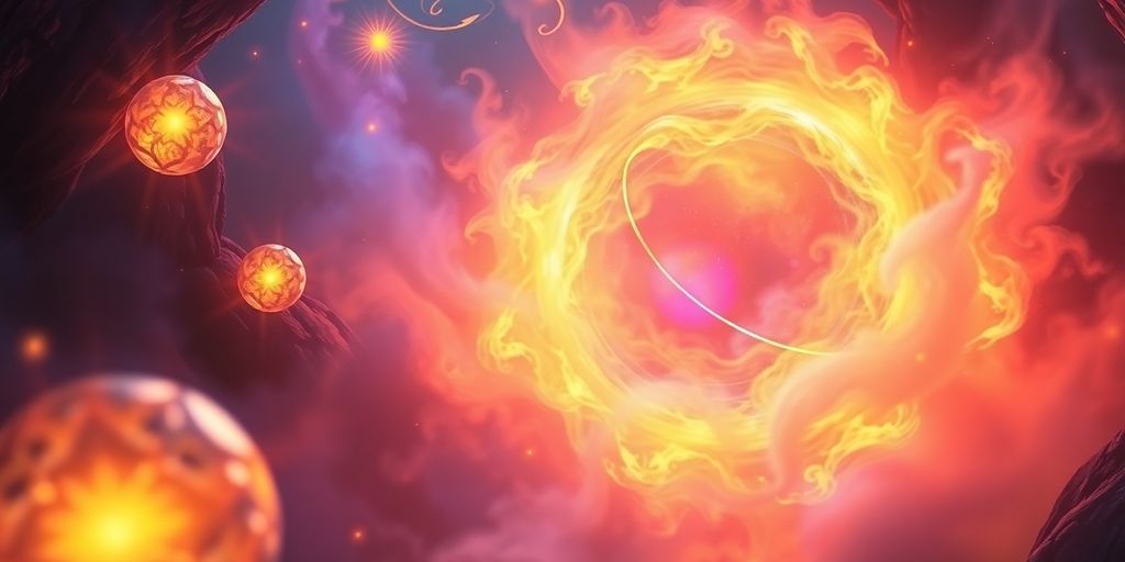 Cena mágica com orbes brilhantes e névoa.