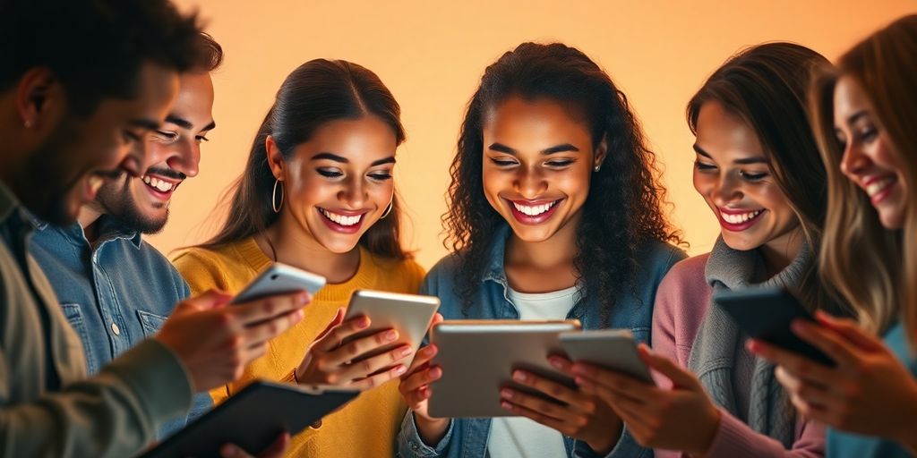 Smiling diverse people connecting online.