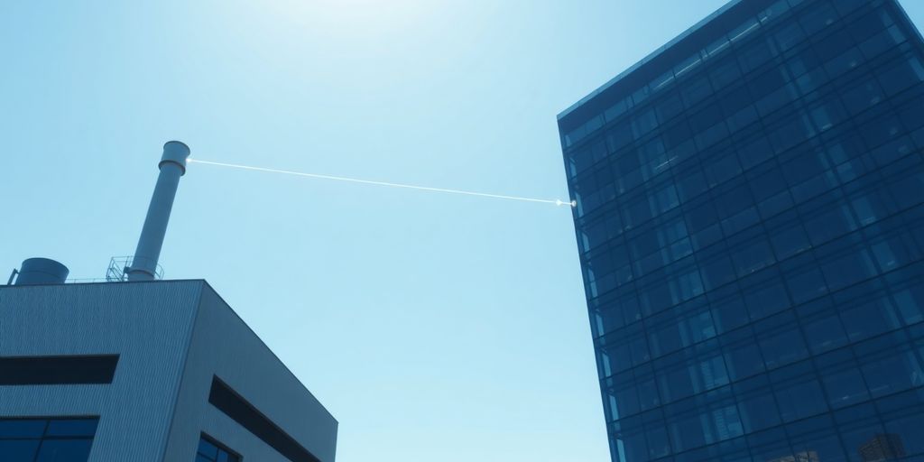 Wireless signals connecting factory and office buildings.