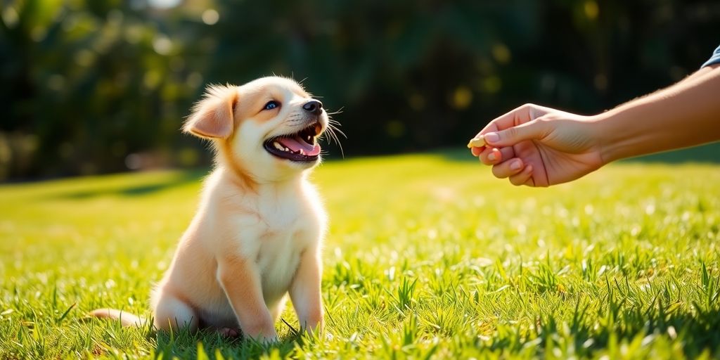 Happy puppy learning with owner in a park.
