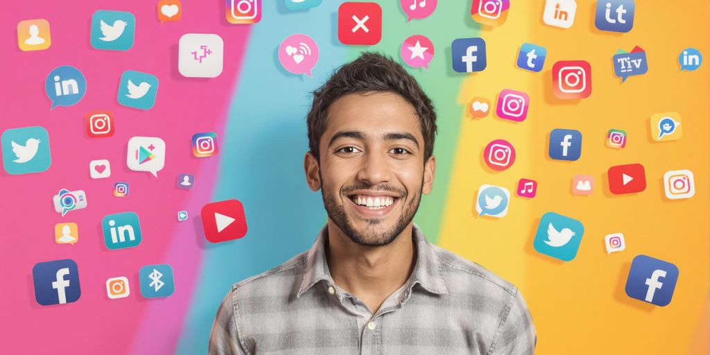 Junger Influencer mit sozialen Medien Symbolen.