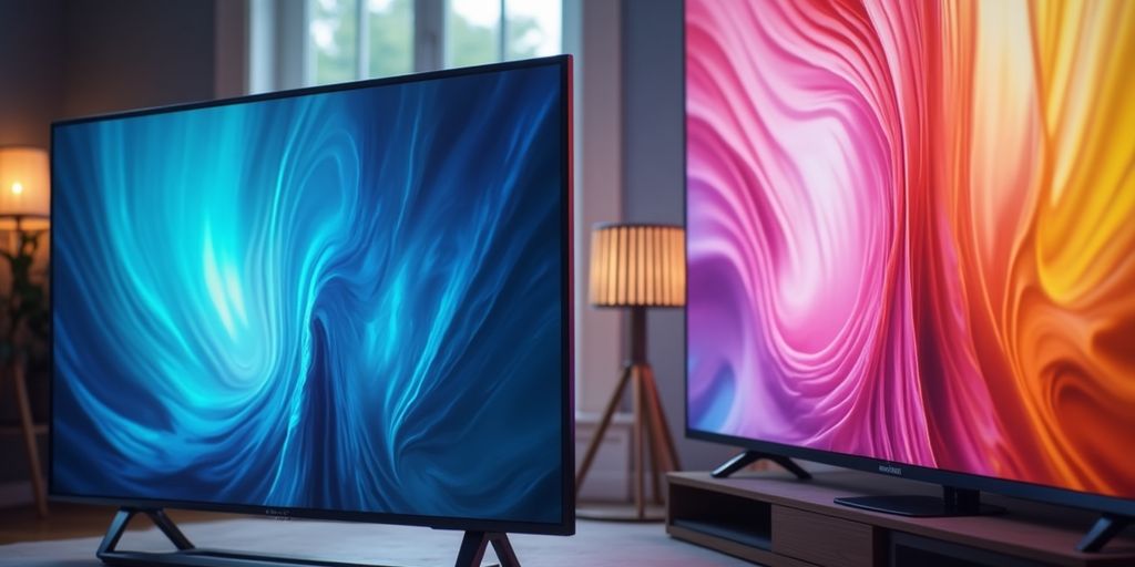 Nahaufnahme von OLED- und QLED-Fernsehern.