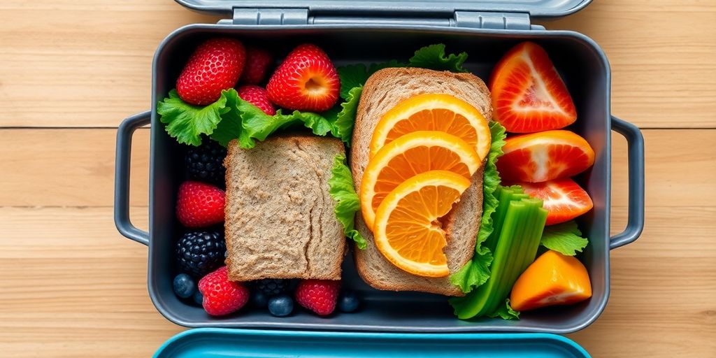 Colorful healthy lunchbox with fruits, veggies, and sandwich.