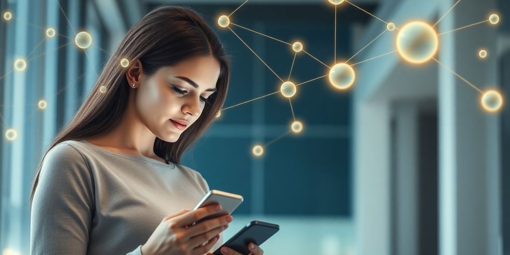 Femme utilisant un téléphone, des statistiques flottent.