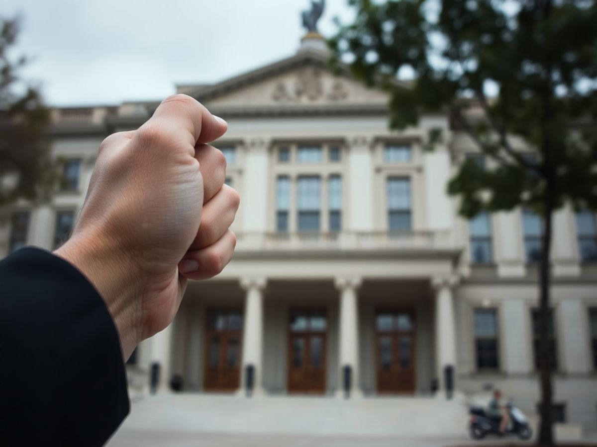 Mână strângând pumnul cu o clădire a parlamentului.